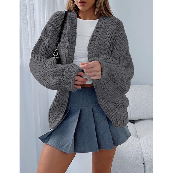 Womens Trendy Cardigan Sweaters Dark Grey Long Sleeve Chunky Knit Outfits - Picture 7 of 8